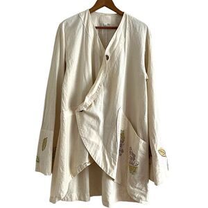 Blue Fish Hand Painted Jacket Size 1 XL Artsy Lagenlook Organic Cotton Costal